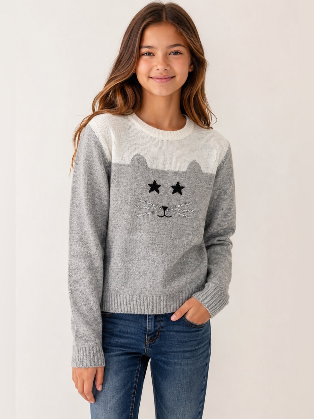 Crewcuts Girls Cat Face Wool Blend Sweater Gray Ivory Size 16